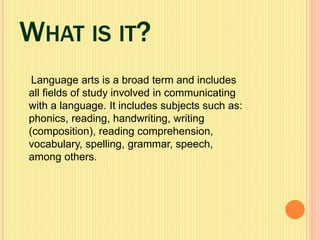 WHAT IS IT?
Language arts is a broad term and includes
all fields of study involved in communicating
with a language. It includes subjects such as:
phonics, reading, handwriting, writing
(composition), reading comprehension,
vocabulary, spelling, grammar, speech,
among others.
 