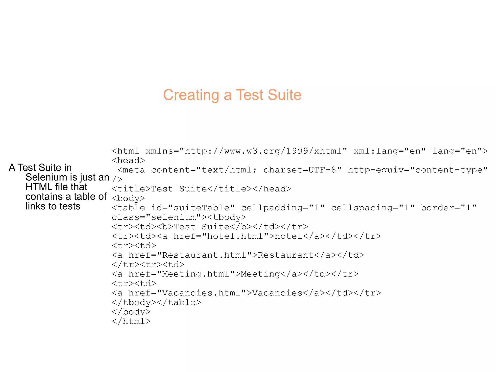 Creating a Test Suite A Test Suite in Selenium is just an HTML file that contains a table of links to tests <html xmlns=&quot;http://www.w3.org/1999/xhtml&quot; xml:lang=&quot;en&quot; lang=&quot;en&quot;> <head>  <meta content=&quot;text/html; charset=UTF-8&quot; http-equiv=&quot;content-type&quot; /> <title>Test Suite</title></head> <body>  <table id=&quot;suiteTable&quot; cellpadding=&quot;1&quot; cellspacing=&quot;1&quot; border=&quot;1&quot; class=&quot;selenium&quot;><tbody> <tr><td><b>Test Suite</b></td></tr> <tr><td><a href=&quot;hotel.html&quot;>hotel</a></td></tr> <tr><td> <a href=&quot;Restaurant.html&quot;>Restaurant</a></td> </tr><tr><td> <a href=&quot;Meeting.html&quot;>Meeting</a></td></tr> <tr><td> <a href=&quot;Vacancies.html&quot;>Vacancies</a></td></tr> </tbody></table> </body> </html> 
