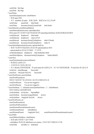 verifyTitle My Page
   assertTitle My Page
* assertValue
   assertValue(inputLocator, valuePattern)
   -  input ֵ
   -  checkbox  radioѡֵΪ"on",֮Ϊ"off"
   verifyValue       nameField      John Smith
   assertValue       document.forms[2].nameField         John Smith
* assertSelected, assertSelectedOptions
   assertSelected(selectLocator, optionSpecifier)
    select ˵ѡеѡǷ optionSpecifer(Select ѡѡ)ѡͬ
   verifySelected dropdown2 John Smith
   verifySelected dorpdown2 value=js*123
   assertSelected document.forms[2].dropDown             label=J*Smith
   assertSelected document.forms[2].dropDown             index=0
* assertSelectOptions(selectLocator, optionLabelList)
   - ˵еѡıǷ optionLabelList ͬ
   - optionLabelList Զŷָһַ
   verifySelectOptions dropdown2 John Smith,Dave Bird
   assertSelectOptions document.forms[2].dropdown             Smith,J,Bird,D
* assertText
   assertText(elementLocator,textPattern)
   - ָԪصı
   - ֻаıԪЧ
   -  Mozilla ͵ textContent ȡԪصı IE ͵ innerText ȡԪı
   verifyText statusMessage         Successful
   assertText //div[@id='foo']//h1       Successful
* assertTextPresent, assertAttribute
   assertTextPresent(text)
   ڵǰûʾҳǷгָı
   verifyTextPresent      You are now logged in
   assertTextPresent      You are now logged in
* assertAttribute(.elementLocator@attributeName., ValuePattern)
   鵱ǰָԪصԵֵ
   verifyAttribute txt1@class       bigAndBlod
   assertAttribute document.images[0]@alt          alt-text
   verifyAttribute //img[@id='foo']/alt      alt-text
* assertTextPresent, etc.
   assertTextPresent(text)
   assertTextNotPresent(text)
   assertElementPresent(elementLocator)
   verifyElementPresent        submitButton
   assertElementPresent        //img[@alt='foo']         assertElementNotPresent(elementLocator)
* assertTable
   assertTable(cellAddress, valuePattern)
   -  table ĳ cell еֵ
   - cellAddress ﷨ tableName.row.column, עŶǴ 0 ʼ
   verifyTable       myTable.1.6 Submitted
 