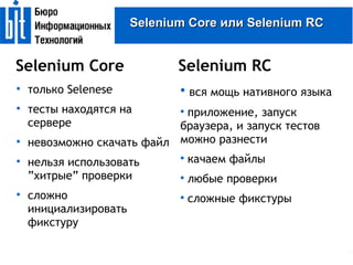 Selenium Core или Selenium RC только Selenese тесты находятся на сервере невозможно скачать файл нельзя использовать ”хитрые” проверки сложно инициализировать фикстуру вся мощь нативного языка  приложение, запуск браузера, и запуск тестов можно разнести качаем файлы любые проверки сложные фикстуры Selenium Core Selenium RC 