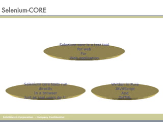 Selenium-CORE Selenium core is a test tool for web For  Web application Selenium core tests run directly In a browser Just as real users do !!  Written in Pure JAVAScript And DHTML 