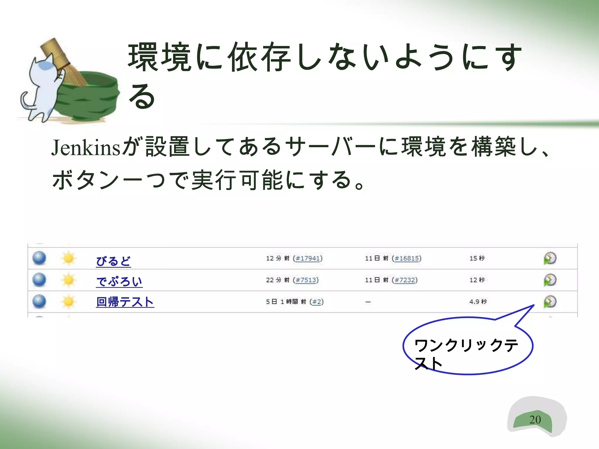 環境に依存しないようにす
    る
Jenkinsが設置してあるサーバーに環境を構築し、
ボタン一つで実行可能にする。


  びるど
  でぷろい
  回帰テスト


                  ワンクリックテ
                  スト


                            20
 