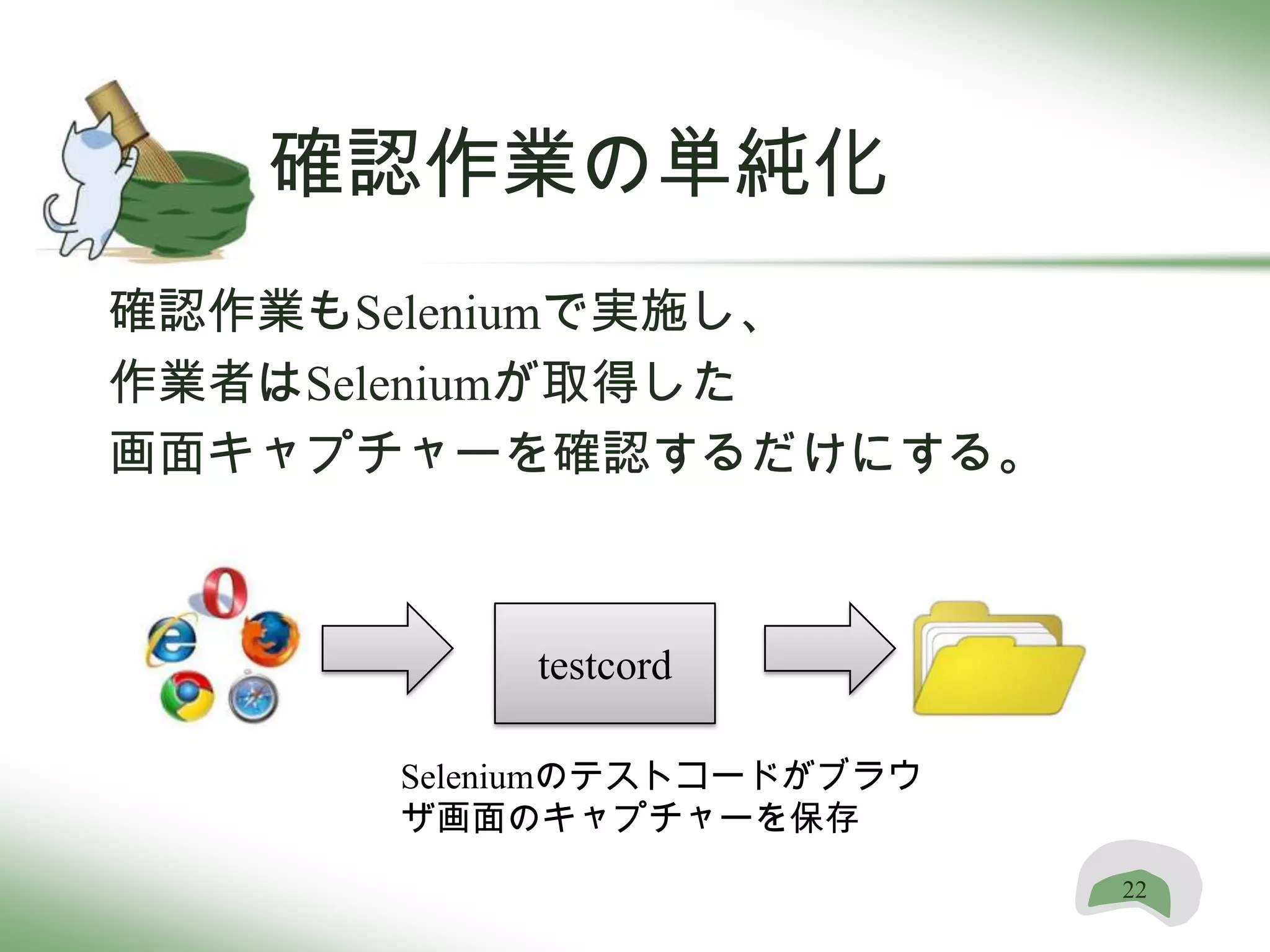 確認作業の単純化
確認作業もSeleniumで実施し、
作業者はSeleniumが取得した
画面キャプチャーを確認するだけにする。



          testcord

     Seleniumのテストコードがブラウ
     ザ画面のキャプチャーを保存
                           22
 