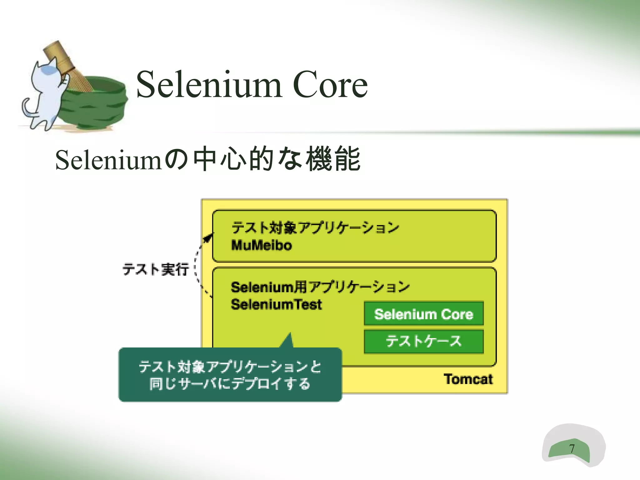 Selenium Core
Seleniumの中心的な機能




                   7
 