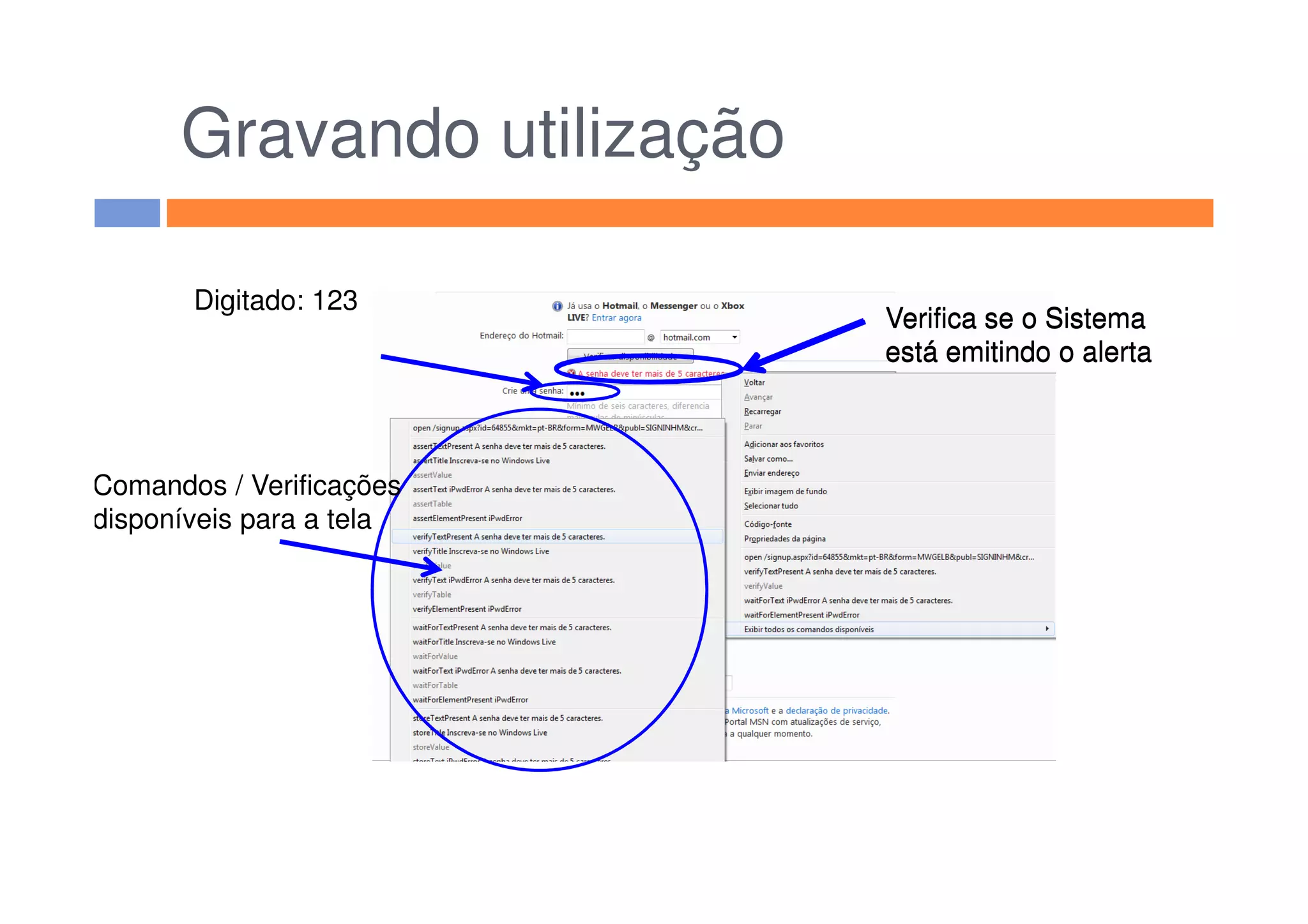 Gravando utilização
Digitado: 123
Verifica se o Sistema
está emitindo o alerta
Verifica se o Sistema
está emitindo o alerta
Comandos / Verificações
disponíveis para a tela
 