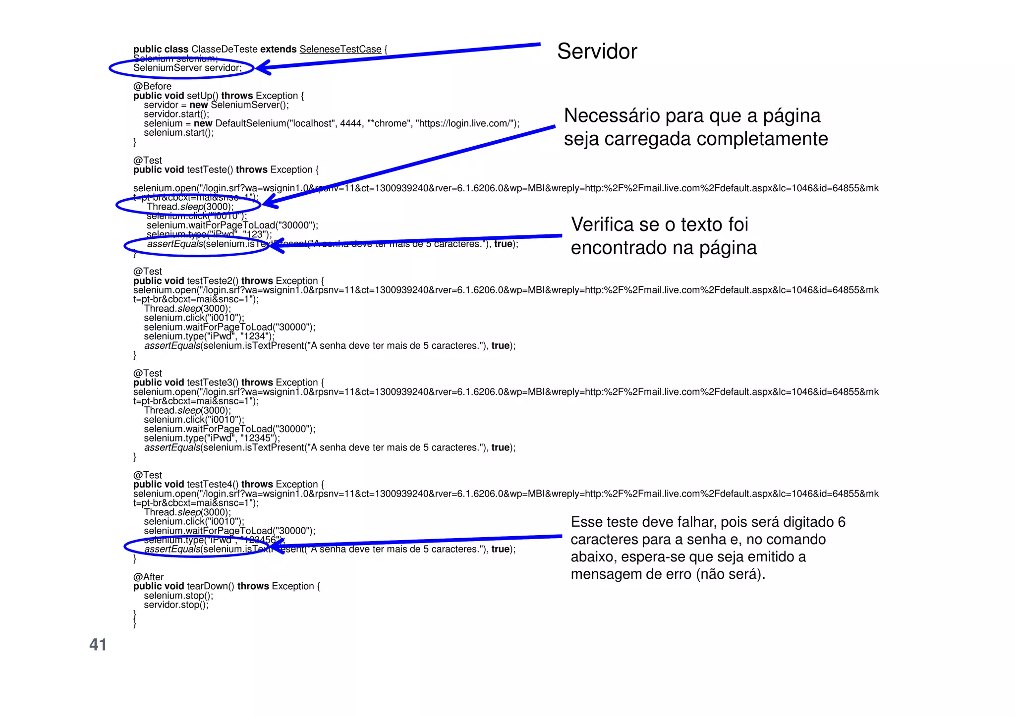 public class ClasseDeTeste extends SeleneseTestCase {
Selenium selenium;
SeleniumServer servidor;
@Before
public void setUp() throws Exception {
servidor = new SeleniumServer();
servidor.start();
selenium = new DefaultSelenium("localhost", 4444, "*chrome", "https://login.live.com/");
selenium.start();
}
@Test
public void testTeste() throws Exception {
selenium.open("/login.srf?wa=wsignin1.0&rpsnv=11&ct=1300939240&rver=6.1.6206.0&wp=MBI&wreply=http:%2F%2Fmail.live.com%2Fdefault.aspx&lc=1046&id=64855&mk
t=pt-br&cbcxt=mai&snsc=1");
Thread.sleep(3000);
selenium.click("i0010");
selenium.waitForPageToLoad("30000");
selenium.type("iPwd", "123");
assertEquals(selenium.isTextPresent("A senha deve ter mais de 5 caracteres."), true);
}
@Test
public void testTeste2() throws Exception {
selenium.open("/login.srf?wa=wsignin1.0&rpsnv=11&ct=1300939240&rver=6.1.6206.0&wp=MBI&wreply=http:%2F%2Fmail.live.com%2Fdefault.aspx&lc=1046&id=64855&mk
t=pt-br&cbcxt=mai&snsc=1");
Thread.sleep(3000);
selenium.click("i0010");
selenium.waitForPageToLoad("30000");
selenium.type("iPwd", "1234");
assertEquals(selenium.isTextPresent("A senha deve ter mais de 5 caracteres."), true);
}
Servidor
Necessário para que a página
seja carregada completamente
Verifica se o texto foi
encontrado na página
41
}
@Test
public void testTeste3() throws Exception {
selenium.open("/login.srf?wa=wsignin1.0&rpsnv=11&ct=1300939240&rver=6.1.6206.0&wp=MBI&wreply=http:%2F%2Fmail.live.com%2Fdefault.aspx&lc=1046&id=64855&mk
t=pt-br&cbcxt=mai&snsc=1");
Thread.sleep(3000);
selenium.click("i0010");
selenium.waitForPageToLoad("30000");
selenium.type("iPwd", "12345");
assertEquals(selenium.isTextPresent("A senha deve ter mais de 5 caracteres."), true);
}
@Test
public void testTeste4() throws Exception {
selenium.open("/login.srf?wa=wsignin1.0&rpsnv=11&ct=1300939240&rver=6.1.6206.0&wp=MBI&wreply=http:%2F%2Fmail.live.com%2Fdefault.aspx&lc=1046&id=64855&mk
t=pt-br&cbcxt=mai&snsc=1");
Thread.sleep(3000);
selenium.click("i0010");
selenium.waitForPageToLoad("30000");
selenium.type("iPwd", "123456");
assertEquals(selenium.isTextPresent("A senha deve ter mais de 5 caracteres."), true);
}
@After
public void tearDown() throws Exception {
selenium.stop();
servidor.stop();
}
}
Esse teste deve falhar, pois será digitado 6
caracteres para a senha e, no comando
abaixo, espera-se que seja emitido a
mensagem de erro (não será).
 