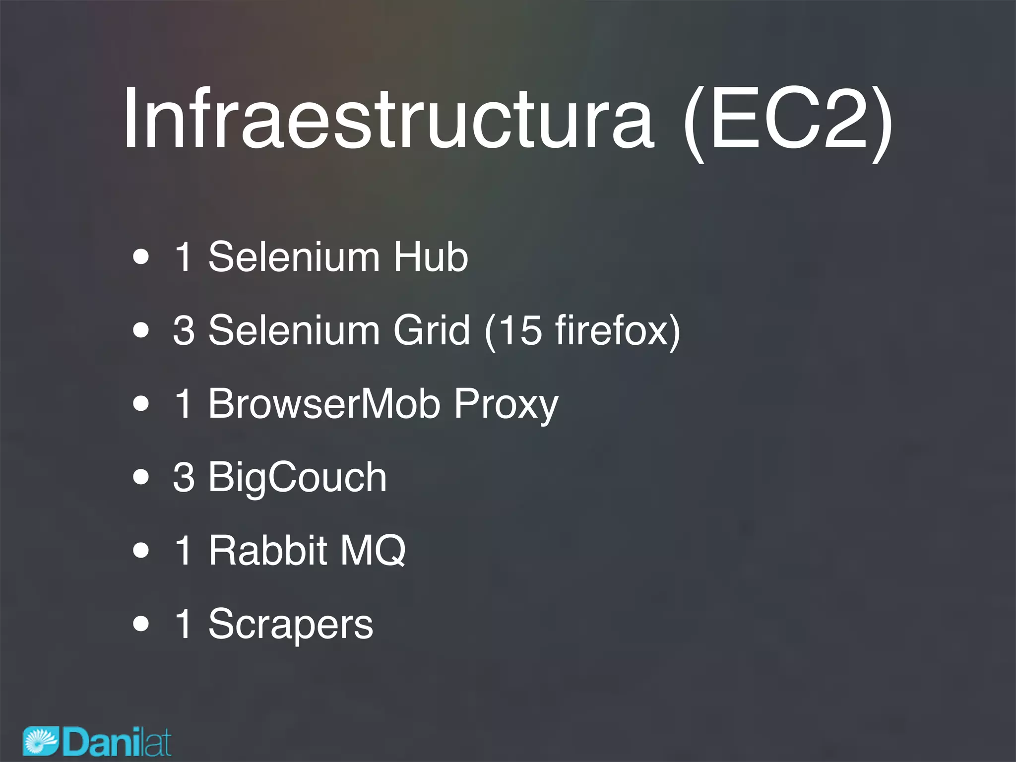 Infraestructura (EC2)
• 1 Selenium Hub
• 3 Selenium Grid (15 ﬁrefox)
• 1 BrowserMob Proxy
• 3 BigCouch
• 1 Rabbit MQ
• 1 Scrapers
 