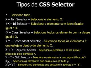 1. <HTML> 
2. <HEAD> 
3. … 
4. </HEAD> 
5. <BODY> 
6. <P class=“titulo negrito”>Selenium Playland</P> 
7. <A href=“conteudo.html”>Ir para o conteúdo</A> 
8. </BODY> 
9. </HTML> 
 