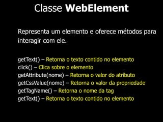 1. @Test 
2. public void localizarElementoPorCSS() { 
3. FirefoxDriver driver = new FirefoxDriver(); 
4. String pagina = “http://www.agilecode.com.br/selenium”; 
5. driver.get(pagina); 
6. WebElement elemento = driver.findElement(By.cssSelector(“#descricao”)); 
7. } 
 