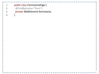 1. @Test 
2. public void tratarChamadaAjax() { 
3. FirefoxDriver driver = new FirefoxDriver(); 
4. String pagina = “http://www.agilecode.com.br/selenium”; 
5. driver.get(pagina); 
6. WebElement chamadaAjax= driver.findElement(By.id(“fazerChamadaAjax”)); 
7. } 
 