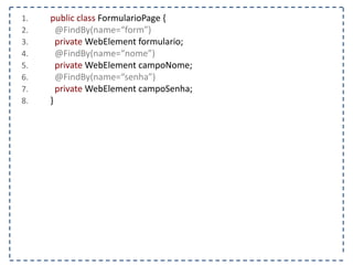 1. @Test 
2. public void tratarChamadaAjax() { 
3. FirefoxDriver driver = new FirefoxDriver(); 
4. String pagina = “http://www.agilecode.com.br/selenium”; 
5. driver.get(pagina); 
6. WebElement chamadaAjax= driver.findElement(By.id(“fazerChamadaAjax”)); 
7. chamadaAjax.click(); 
8. WebElement callback = driver.findElement(By.id(“callbackChamadaAjax”)); 
9. } 
 