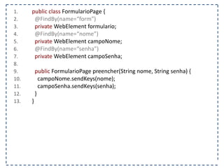 1. @Test 
2. public void tratarChamadaAjax() { 
3. FirefoxDriver driver = new FirefoxDriver(); 
4. String pagina = “http://www.agilecode.com.br/selenium”; 
5. driver.get(pagina); 
6. WebElement chamadaAjax= driver.findElement(By.id(“fazerChamadaAjax”)); 
7. chamadaAjax.click(); 
8. WebDriverWait wait = new WebDriverWait(driver, 10); 
9. wait.until(new ExpectedCondition<Boolean>() { 
10. public Boolean apply(WebDriver driver) { 
11. return !driver.findElement(By.id(“callback”)).getText().isEmpty(); 
12. } 
13. }); 
14. } 
 