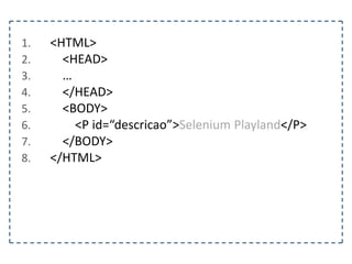 1. @Test 
2. public void deveEntrarEmUmaPagina() { 
3. FirefoxDriver driver = new FirefoxDriver(); 
4. String pagina = “http://www.agilecode.com.br/selenium”; 
5. driver.get(pagina); 
6. } 
 