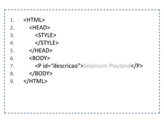 1. @Test 
2. public void localizarTextoDoElementoPorId() { 
3. FirefoxDriver driver = new FirefoxDriver(); 
4. String pagina = “http://www.agilecode.com.br/selenium”; 
5. driver.get(pagina); 
6. } 
 