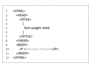 1. @Test 
2. public void localizarTextoDoElementoPorClass() { 
3. FirefoxDriver driver = new FirefoxDriver(); 
4. String pagina = “http://www.agilecode.com.br/selenium”; 
5. driver.get(pagina); 
6. List<WebElement> elemento = driver.findElements(By.className(“negrito”)); 
7. } 
 