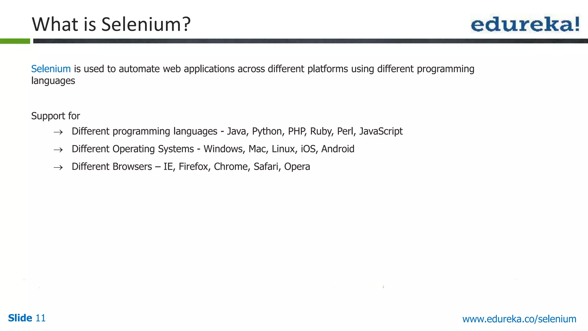 Slide 11 www.edureka.co/selenium
Selenium is used to automate web applications across different platforms using different programming
languages
Support for
Different programming languages - Java, Python, PHP, Ruby, Perl, JavaScript
Different Operating Systems - Windows, Mac, Linux, iOS, Android
Different Browsers – IE, Firefox, Chrome, Safari, Opera
What is Selenium?