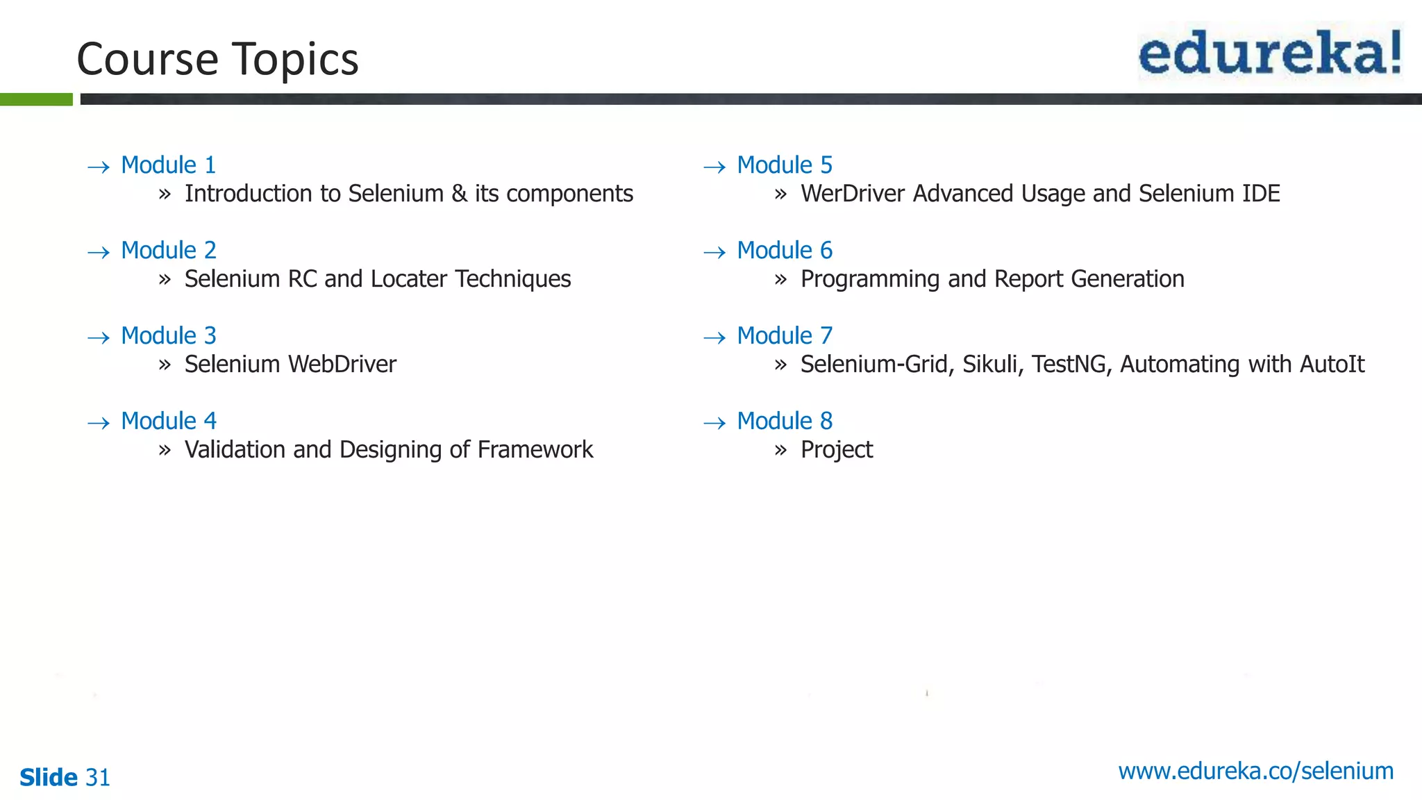 Slide 31 www.edureka.co/selenium
Module 1
» Introduction to Selenium & its components
Module 2
» Selenium RC and Locater Techniques
Module 3
» Selenium WebDriver
Module 4
» Validation and Designing of Framework
Module 5
» WerDriver Advanced Usage and Selenium IDE
Module 6
» Programming and Report Generation
Module 7
» Selenium-Grid, Sikuli, TestNG, Automating with AutoIt
Module 8
» Project
Course Topics