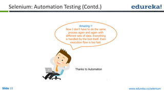 Slide 10 www.edureka.co/selenium
Thanks to Automation
Amazing !!
Now I don’t have to do the same
process again and again with
different sets of data. Everything
is handled by the tool itself. Even
execution flow is too fast.
Selenium: Automation Testing (Contd.)
 