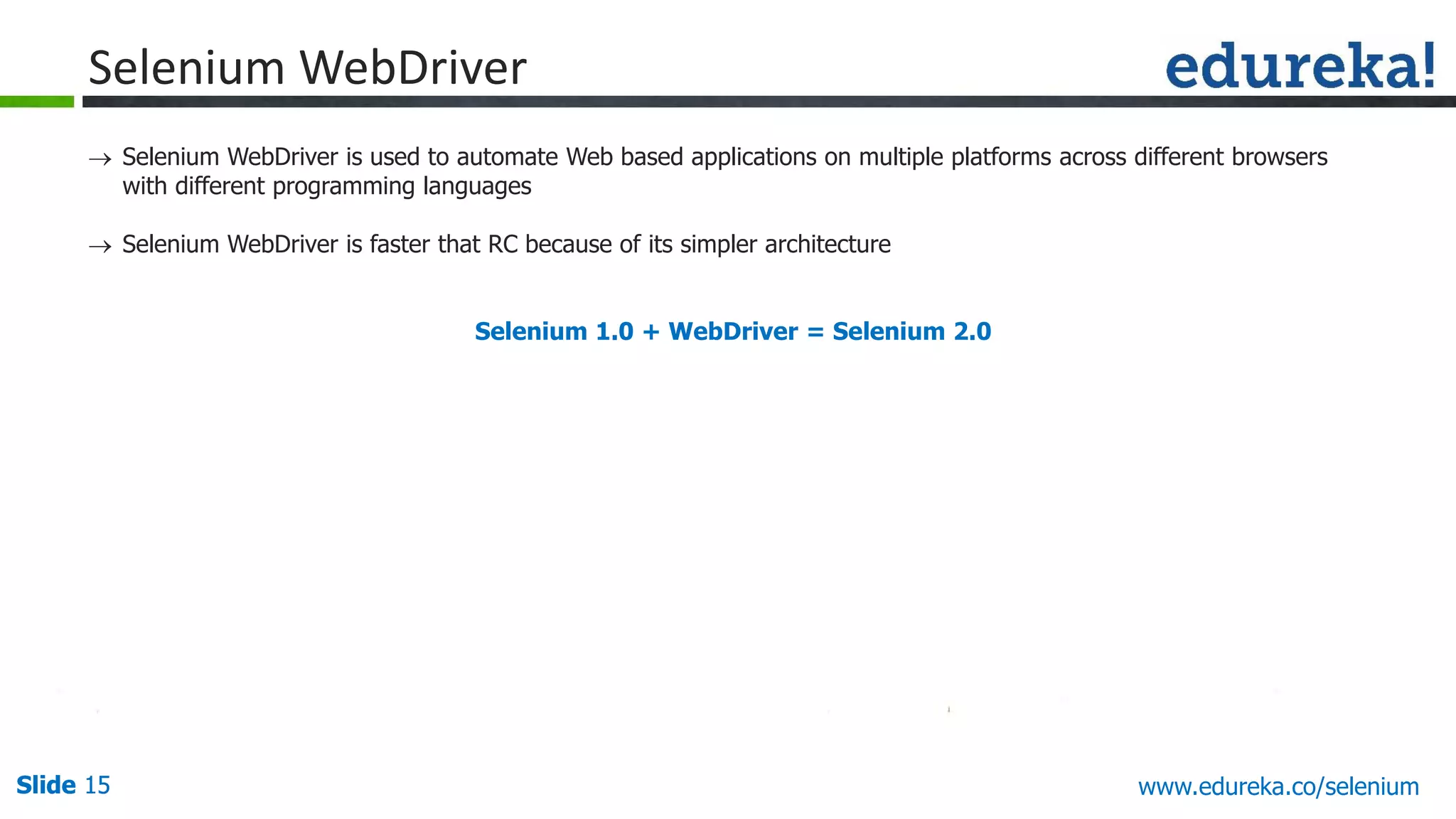 Slide 15 www.edureka.co/apache-spark-scala-trainingSlide 15
Selenium WebDriver
 Selenium WebDriver is used to automate Web based applications on multiple platforms across different browsers
with different programming languages
 Selenium WebDriver is faster that RC because of its simpler architecture
Selenium 1.0 + WebDriver = Selenium 2.0
www.edureka.co/selenium
 