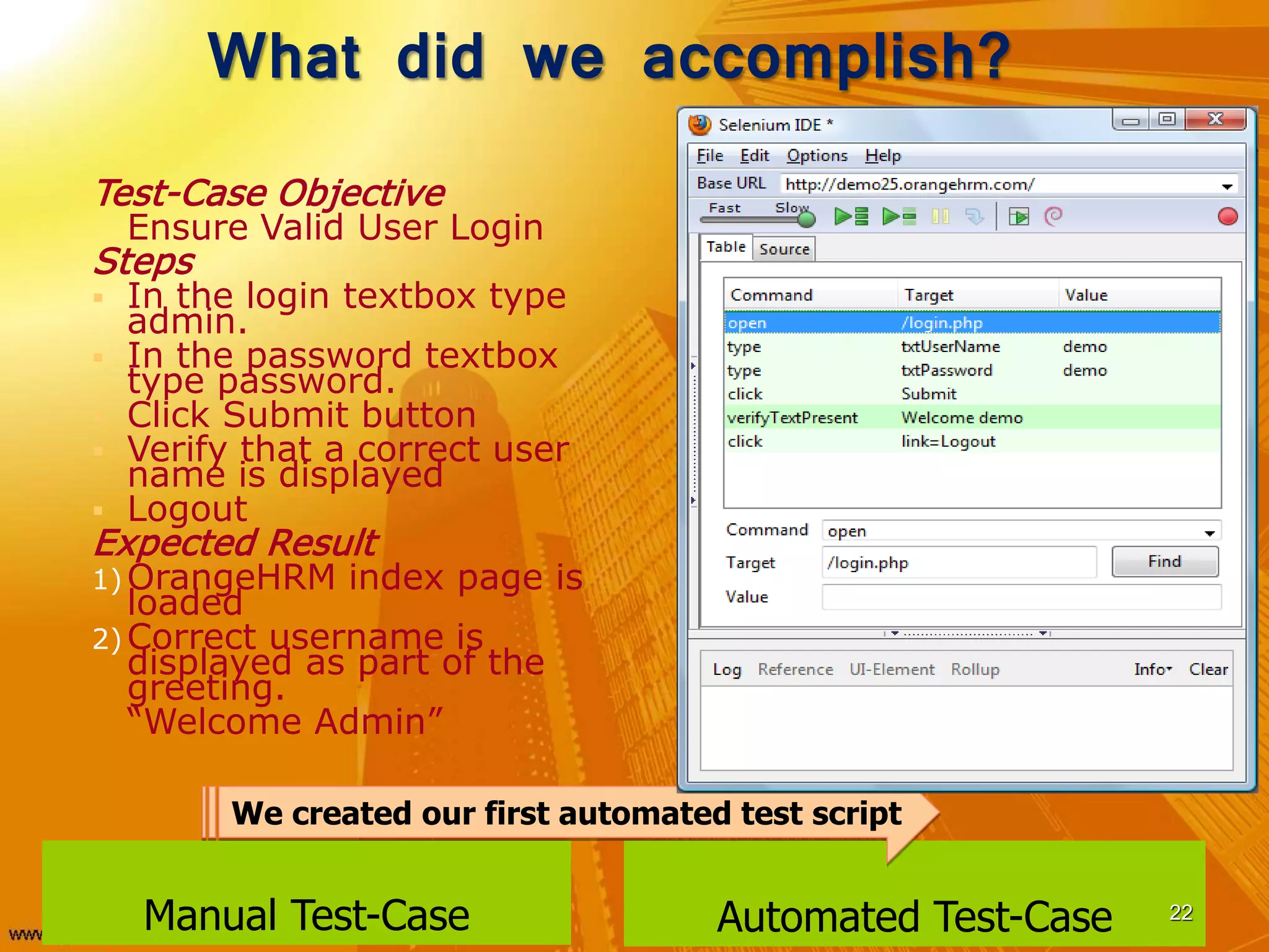 What did we accomplish?
Manual Test-Case
Test-Case Objective
Ensure Valid User Login
Steps
 In the login textbox type
admin.
 In the password textbox
type password.
 Click Submit button
 Verify that a correct user
name is displayed
 Logout
Expected Result
1) OrangeHRM index page is
loaded
2) Correct username is
displayed as part of the
greeting.
“Welcome Admin”
Automated Test-Case 22
We created our first automated test script
 