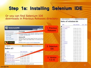 Step 1a: Installing Selenium IDE
13
Or you can find Selenium IDE
downloads in Previous Releases directory:
1. Previous
Releases
2. Selenium
IDE
3. Version
1.0.10
 