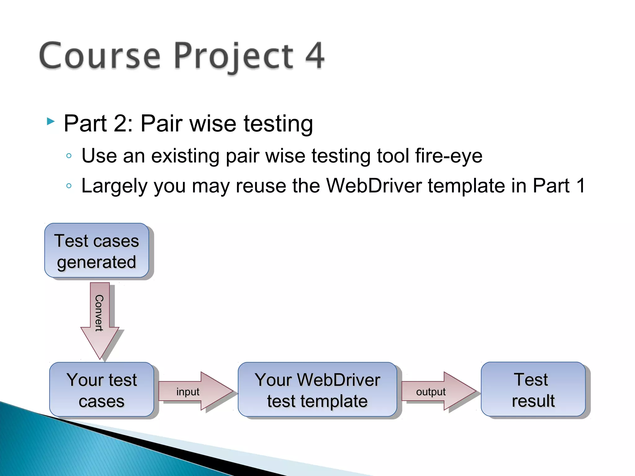 Part 2: Pair wise testing
◦ Use an existing pair wise testing tool fire-eye
◦ Largely you may reuse the WebDriver template in Part 1
Your testYour test
casescases
Your testYour test
casescases
Your WebDriverYour WebDriver
test templatetest template
Your WebDriverYour WebDriver
test templatetest templateinputinputinputinput outputoutputoutputoutput
TestTest
resultresult
TestTest
resultresult
Test casesTest cases
generatedgenerated
Test casesTest cases
generatedgenerated
ConvertConvertConvertConvert
 