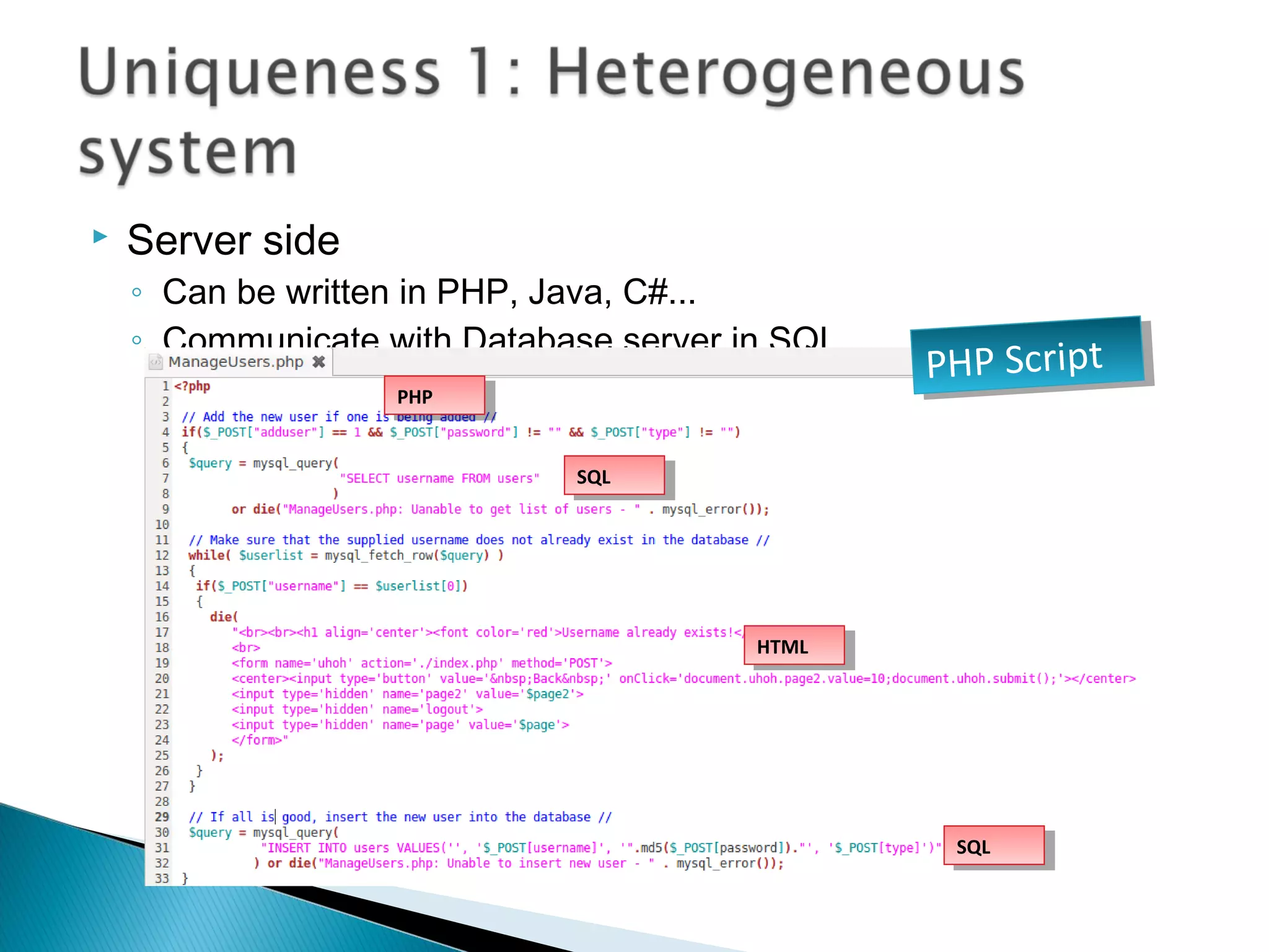  Server side
◦ Can be written in PHP, Java, C#...
◦ Communicate with Database server in SQL
PHP ScriptPHP Script
SQLSQL
HTMLHTML
SQLSQL
PHPPHP
 