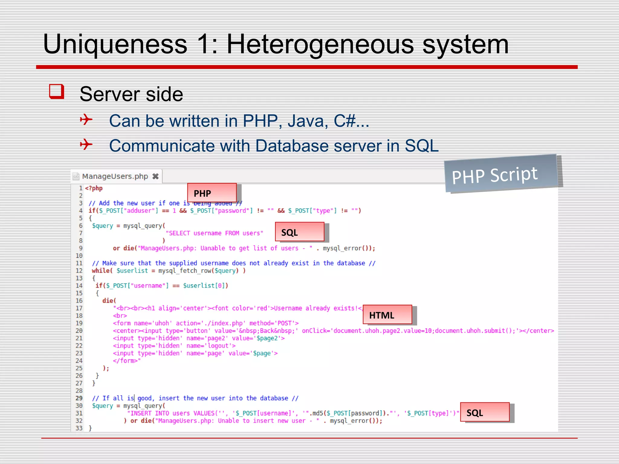 Uniqueness 1: Heterogeneous system
 Server side
 Can be written in PHP, Java, C#...
 Communicate with Database server in SQL
PHP ScriptPHP Script
SQLSQL
HTMLHTML
SQLSQL
PHPPHP
 