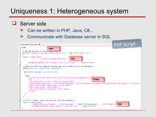 Uniqueness 1: Heterogeneous system
 Server side
 Can be written in PHP, Java, C#...
 Communicate with Database server in SQL
PHP ScriptPHP Script
SQLSQL
HTMLHTML
SQLSQL
PHPPHP
 