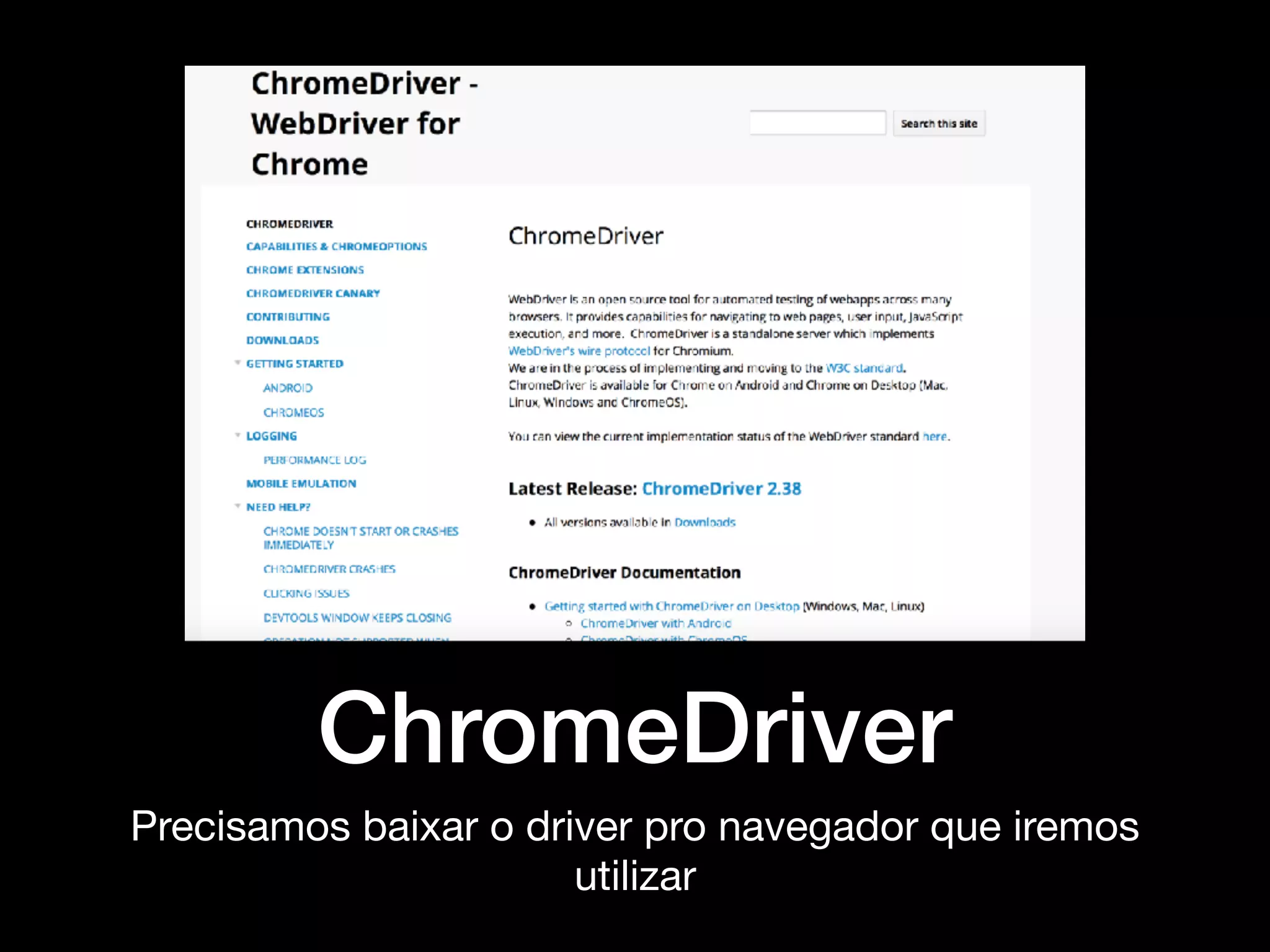 ChromeDriver
Precisamos baixar o driver pro navegador que iremos
utilizar
 
