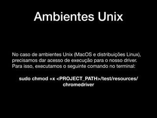 Ambientes Unix
No caso de ambientes Unix (MacOS e distribuições Linux),
precisamos dar acesso de execução para o nosso driver.
Para isso, executamos o seguinte comando no terminal:

sudo chmod +x <PROJECT_PATH>/test/resources/
chromedriver
 