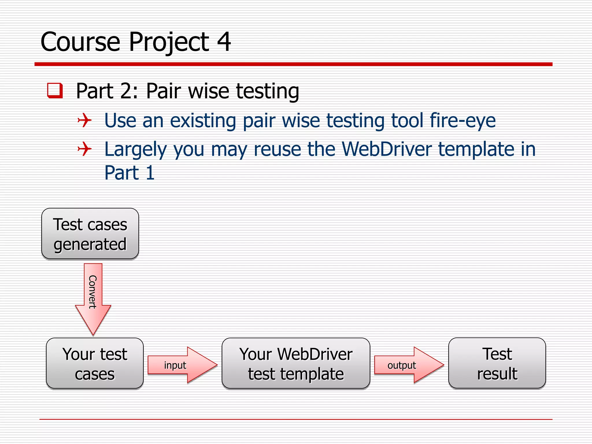 Course Project 4
 Part 2: Pair wise testing
 Use an existing pair wise testing tool fire-eye
 Largely you may reuse the WebDriver template in
Part 1
Your test
cases
Your WebDriver
test template
input output
Test
result
Test cases
generated
Convert
 