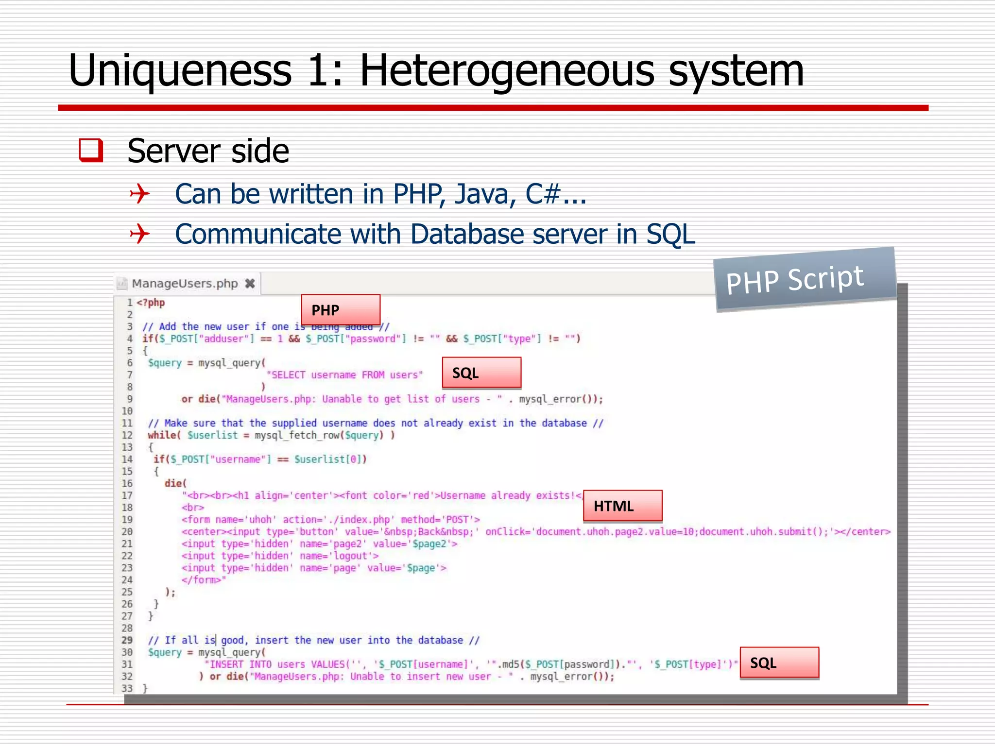 Uniqueness 1: Heterogeneous system
 Server side
 Can be written in PHP, Java, C#...
 Communicate with Database server in SQL
SQL
HTML
SQL
PHP
 