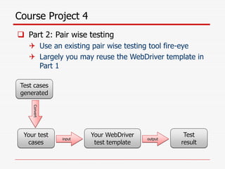 Course Project 4
 Part 2: Pair wise testing
 Use an existing pair wise testing tool fire-eye
 Largely you may reuse the WebDriver template in
Part 1
Your test
cases
Your WebDriver
test template
input output
Test
result
Test cases
generated
Convert
 