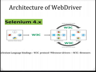Architecture of WebDriver
Selenium Language bindings – W3C protocol Browser drivers ---W3C--Browsers
 