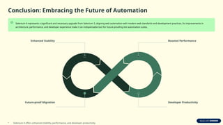 Conclusion: Embracing the Future of Automation
Selenium 4 represents a significant and necessary upgrade from Selenium 3, aligning web automation with modern web standards and development practices. Its improvements in
architecture, performance, and developer experience make it an indispensable tool for future-proofing test automation suites.
Enhanced Stability Boosted Performance
Developer Productivity
Future-proof Migration
• Selenium 4 offers enhanced stability, performance, and developer productivity.
 
