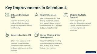Key Improvements in Selenium 4
Enhanced Selenium
Grid
Supports standalone, hub-
node, and fully distributed
modes for improved scalability
and flexibility.
Relative Locators
New "friendly locators" allow
finding elements based on
their spatial relation to other
visible elements (e.g., above(),
below(), toLeftOf()).
Chrome DevTools
Protocol
Native integration for
advanced debugging, network
capture, performance metrics,
and mocking network
responses.
Improved Actions API
Offers more precise control
over user interactions like
complex mouse movements,
keyboard actions, and scrolling
gestures.
Better Window & Tab
Management
Streamlined APIs for handling
multiple browser windows and
tabs, making multi-context
testing more intuitive.
 
