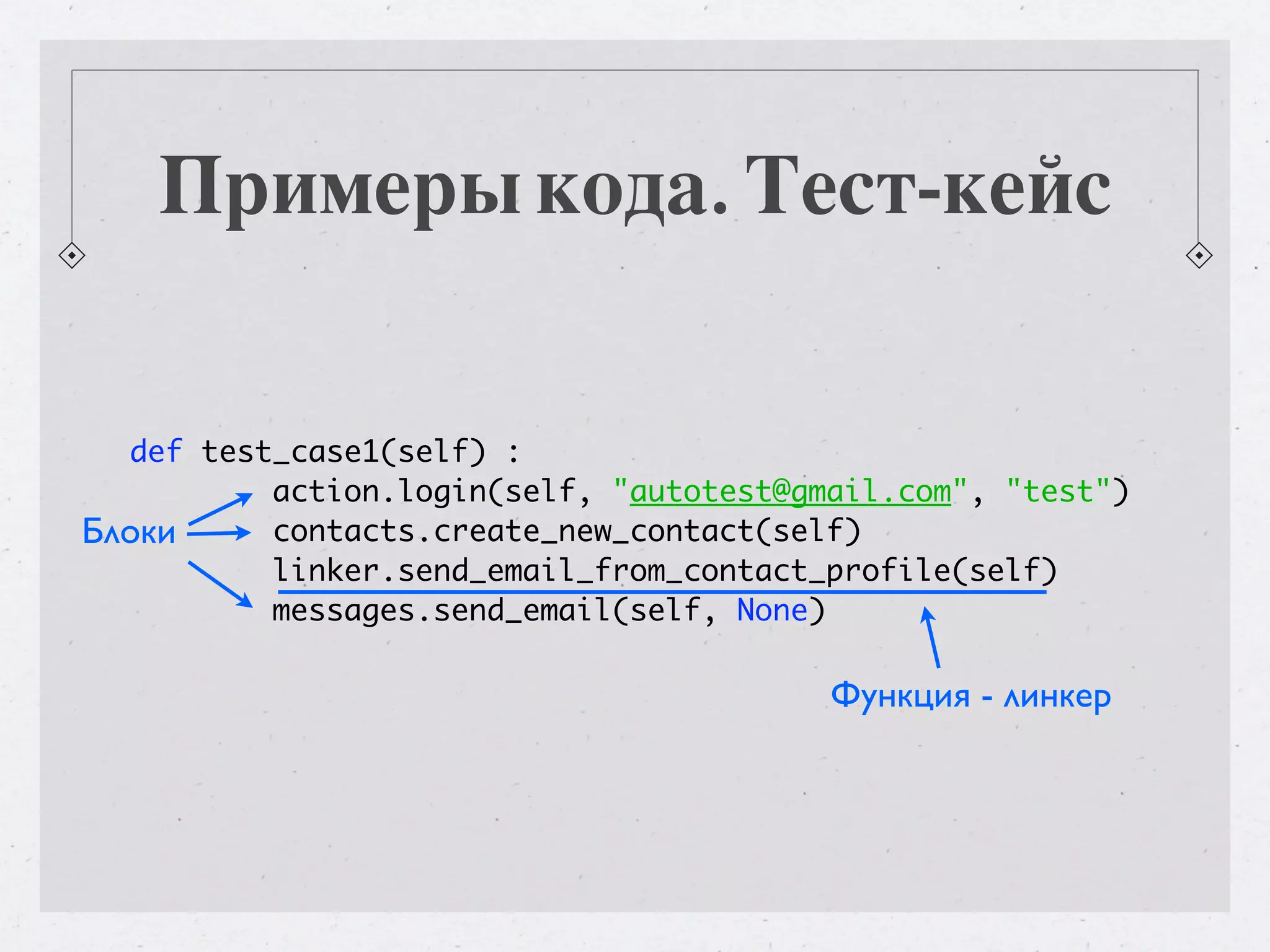 Примеры кода. Тест-кейс def test_case1(self) : action.login(self, "autotest@gmail.com", "test") Блоки contacts.create_new_contact(self) linker.send_email_from_contact_profile(self) messages.send_email(self, None) Функция - линкер 