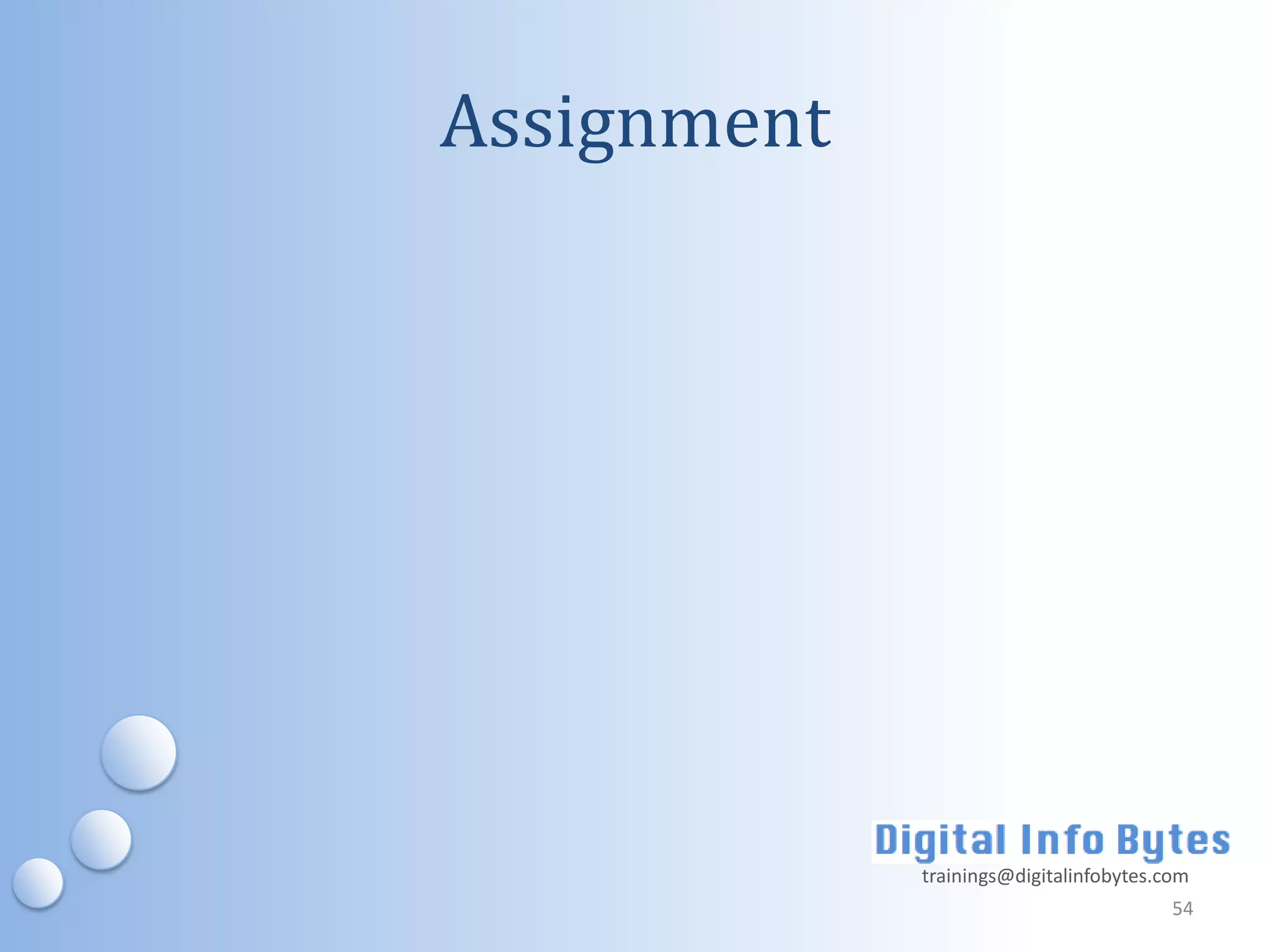 Assignment




             trainings@digitalinfobytes.com
                                         54
 