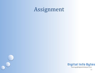 Assignment




             trainings@digitalinfobytes.com
                                         54
 