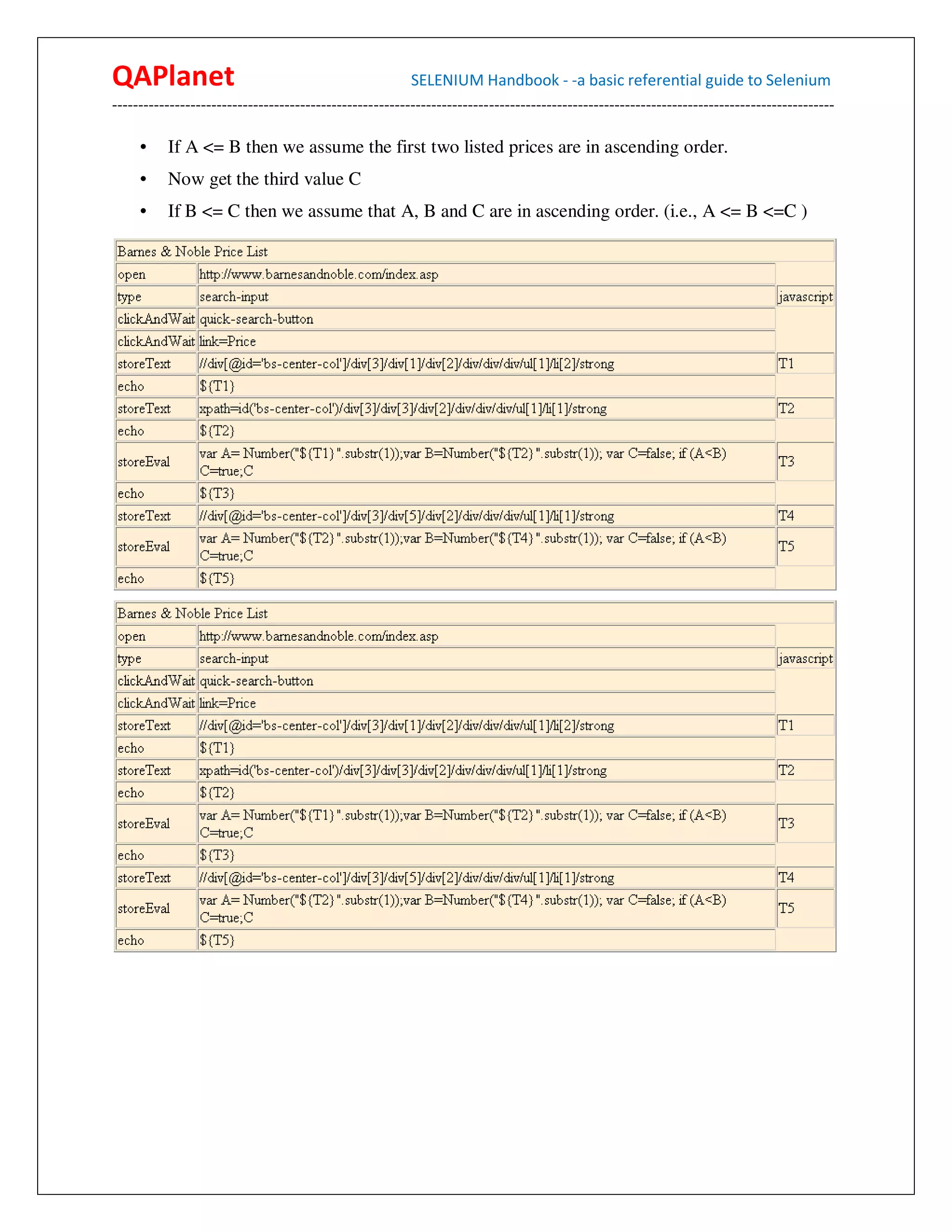 QAPlanet                                                 SELENIUM Handbook - -a basic referential guide to Selenium
------------------------------------------------------------------------------------------------------------------------------------------

     •    If A <= B then we assume the first two listed prices are in ascending order.
     •    Now get the third value C
     •    If B <= C then we assume that A, B and C are in ascending order. (i.e., A <= B <=C )
 