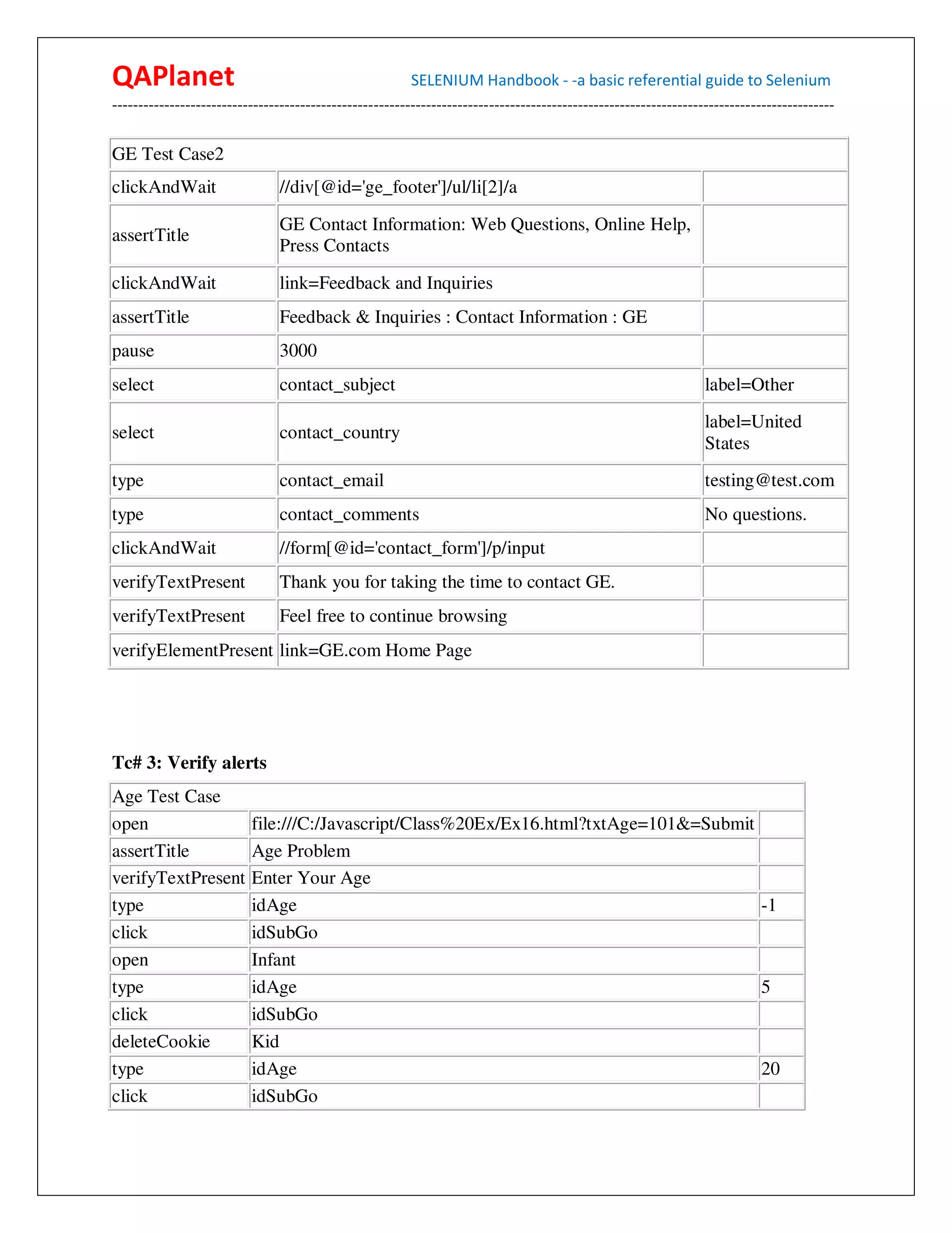 QAPlanet                                                 SELENIUM Handbook - -a basic referential guide to Selenium
------------------------------------------------------------------------------------------------------------------------------------------

GE Test Case2
clickAndWait                    //div[@id='ge_footer']/ul/li[2]/a
                                GE Contact Information: Web Questions, Online Help,
assertTitle
                                Press Contacts
clickAndWait                    link=Feedback and Inquiries
assertTitle                     Feedback & Inquiries : Contact Information : GE
pause                           3000
select                          contact_subject                                                                  label=Other
                                                                                                                 label=United
select                          contact_country
                                                                                                                 States
type                            contact_email                                                                    testing@test.com
type                            contact_comments                                                                 No questions.
clickAndWait                    //form[@id='contact_form']/p/input
verifyTextPresent               Thank you for taking the time to contact GE.
verifyTextPresent               Feel free to continue browsing
verifyElementPresent link=GE.com Home Page




Tc# 3: Verify alerts
Age Test Case
open                      file:///C:/Javascript/Class%20Ex/Ex16.html?txtAge=101&=Submit
assertTitle               Age Problem
verifyTextPresent         Enter Your Age
type                      idAge                                                         -1
click                     idSubGo
open                      Infant
type                      idAge                                                         5
click                     idSubGo
deleteCookie              Kid
type                      idAge                                                         20
click                     idSubGo
 