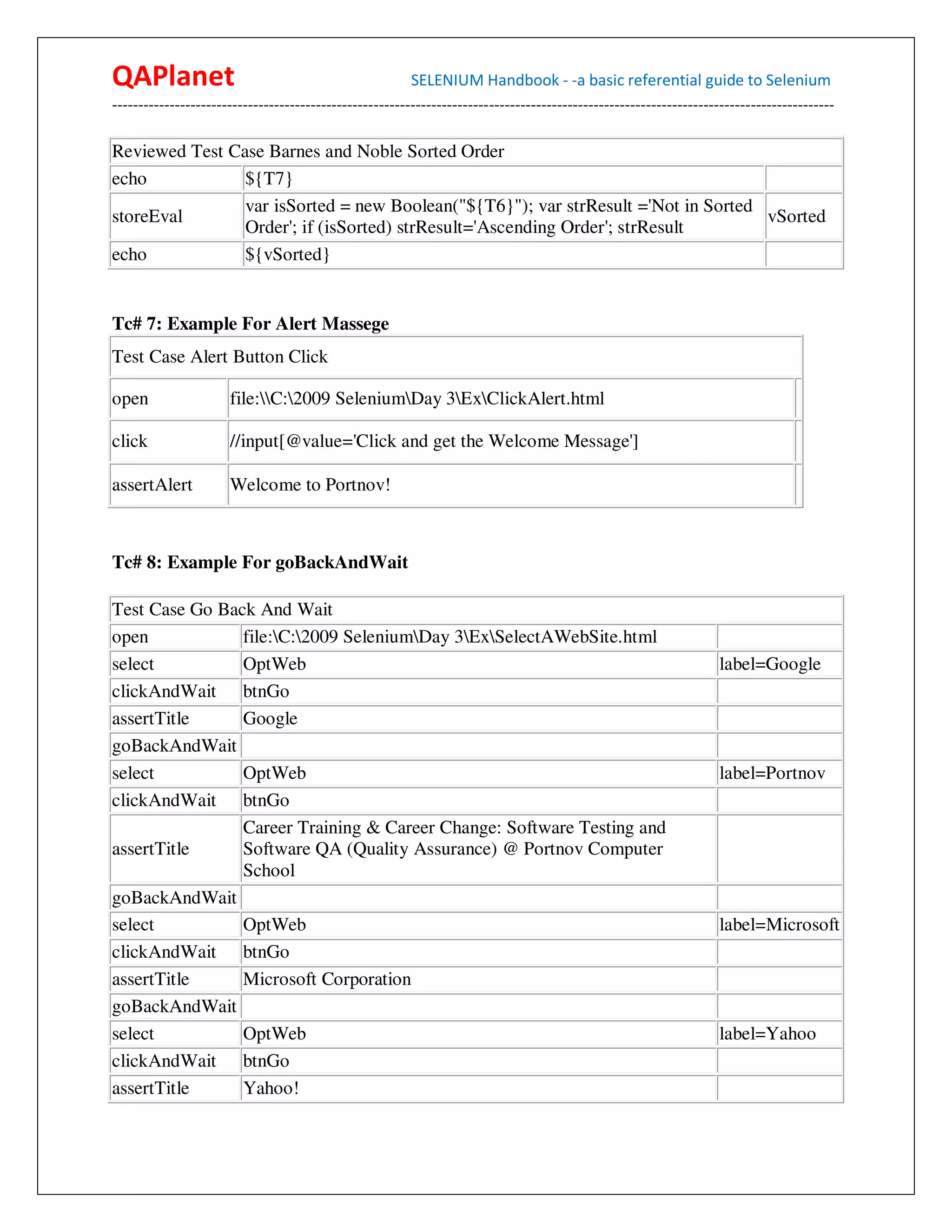 QAPlanet                                                 SELENIUM Handbook - -a basic referential guide to Selenium
------------------------------------------------------------------------------------------------------------------------------------------

Reviewed Test Case Barnes and Noble Sorted Order
echo            ${T7}
                var isSorted = new Boolean("${T6}"); var strResult ='Not in Sorted
storeEval                                                                          vSorted
                Order'; if (isSorted) strResult='Ascending Order'; strResult
echo            ${vSorted}


Tc# 7: Example For Alert Massege
Test Case Alert Button Click

open                  file:C:2009 SeleniumDay 3ExClickAlert.html

click                 //input[@value='Click and get the Welcome Message']

assertAlert           Welcome to Portnov!



Tc# 8: Example For goBackAndWait

Test Case Go Back And Wait
open            file:C:2009 SeleniumDay 3ExSelectAWebSite.html
select          OptWeb                                                                                              label=Google
clickAndWait btnGo
assertTitle     Google
goBackAndWait
select          OptWeb                                                                                              label=Portnov
clickAndWait btnGo
                Career Training & Career Change: Software Testing and
assertTitle     Software QA (Quality Assurance) @ Portnov Computer
                School
goBackAndWait
select          OptWeb                                                                                              label=Microsoft
clickAndWait btnGo
assertTitle     Microsoft Corporation
goBackAndWait
select          OptWeb                                                                                              label=Yahoo
clickAndWait btnGo
assertTitle     Yahoo!
 