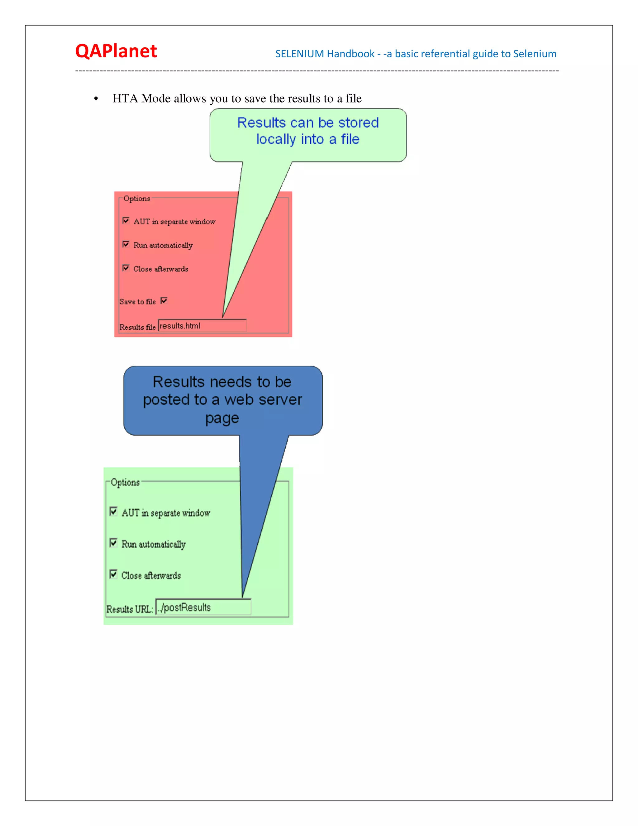 QAPlanet                                                 SELENIUM Handbook - -a basic referential guide to Selenium
------------------------------------------------------------------------------------------------------------------------------------------

     •    HTA Mode allows you to save the results to a file
 