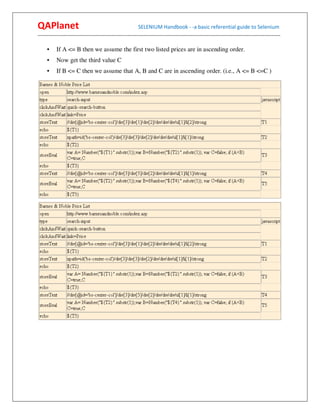 QAPlanet                                                 SELENIUM Handbook - -a basic referential guide to Selenium
------------------------------------------------------------------------------------------------------------------------------------------

     •    If A <= B then we assume the first two listed prices are in ascending order.
     •    Now get the third value C
     •    If B <= C then we assume that A, B and C are in ascending order. (i.e., A <= B <=C )
 