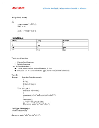 QAPlanet                                                 SELENIUM Handbook - -a basic referential guide to Selenium
------------------------------------------------------------------------------------------------------------------------------------------

{
Array-name[index]
}
Ex:-
       x=new Array(11,31,94);
       For(i in x)
       {
       d.w(i+’=’+x[i]+’<br>’);
       }

Functions:-
TYPE                                           Arg                                            Return
I                                              *                                              *
II                                             yes                                            *
III                                            *                                              yes
IV                                             yes                                            yes



Two types of functions

     1. User defined functions
     2. Built in functions
User defined functions:-
          A user define function is re-usable block of code.
          Functions can be classified into fur types, based on arguments and values.

Type 1:-
Syntax:-       function function name()
                 {
                 Code;
                 [return<value>;]
                 }
          Ex:- for type 1
                 Function welcome()
                 {
                 document.write(“welcome to the site%”);
                 }
                 Welcome();
                 X=welcome();//user define
                 Document write(‘x=’+x+’,<br>’);

For Type 2 category:-
Function bold(text)
{
document.write(‘<b>’+text+”<br>”);
 