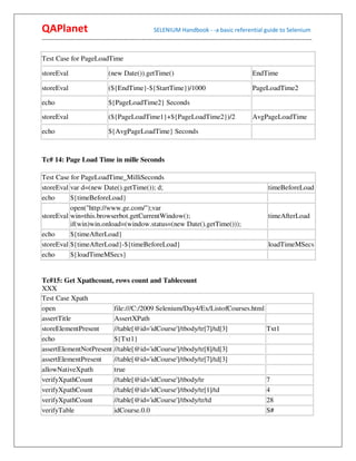 QAPlanet                                                 SELENIUM Handbook - -a basic referential guide to Selenium
------------------------------------------------------------------------------------------------------------------------------------------


Test Case for PageLoadTime

storeEval                         (new Date()).getTime()                                                   EndTime

storeEval                         (${EndTime}-${StartTime})/1000                                           PageLoadTime2

echo                              ${PageLoadTime2} Seconds

storeEval                         (${PageLoadTime1}+${PageLoadTime2})/2                                    AvgPageLoadTime

echo                              ${AvgPageLoadTime} Seconds



Tc# 14: Page Load Time in mille Seconds

Test Case for PageLoadTime_MilliSeconds
storeEval var d=(new Date().getTime()); d;                                                                         timeBeforeLoad
echo      ${timeBeforeLoad}
          open("http://www.ge.com/");var
storeEval win=this.browserbot.getCurrentWindow();                                                                  timeAfterLoad
          if(win)win.onload=(window.status=(new Date().getTime()));
echo      ${timeAfterLoad}
storeEval ${timeAfterLoad}-${timeBeforeLoad}                                                                       loadTimeMSecs
echo      ${loadTimeMSecs}


Tc#15: Get Xpathcount, rows count and Tablecount
XXX
Test Case Xpath
open                    file:///C:/2009 Selenium/Day4/Ex/ListofCourses.html
assertTitle             AssertXPath
storeElementPresent     //table[@id='idCourse']/tbody/tr[7]/td[3]                                                 Txt1
echo                    ${Txt1}
assertElementNotPresent //table[@id='idCourse']/tbody/tr[8]/td[3]
assertElementPresent    //table[@id='idCourse']/tbody/tr[7]/td[3]
allowNativeXpath        true
verifyXpathCount        //table[@id='idCourse']/tbody/tr                                                          7
verifyXpathCount        //table[@id='idCourse']/tbody/tr[1]/td                                                    4
verifyXpathCount        //table[@id='idCourse']/tbody/tr/td                                                       28
verifyTable             idCourse.0.0                                                                              S#
 
