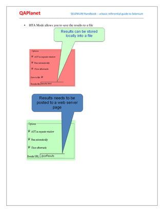 QAPlanet                                                 SELENIUM Handbook - -a basic referential guide to Selenium
------------------------------------------------------------------------------------------------------------------------------------------

     •    HTA Mode allows you to save the results to a file
 