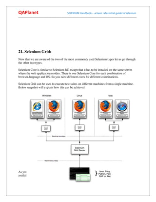QAPlanet                                                 SELENIUM Handbook - -a basic referential guide to Selenium
------------------------------------------------------------------------------------------------------------------------------------------




21. Selenium Grid:
Now that we are aware of the two of the most commonly used Selenium types let us go through
the other two types.

Selenium Core is similar to Selenium RC except that it has to be installed on the same server
where the web application resides. There is one Selenium Core for each combination of
browser,language and OS. So you need different cores for different combinations.

Selenium Grid can be used to execute test suites on different machines from a single machine.
Below snapshot will explain how this can be achieved.




As you can see Selenium Grid from a single machine can invoke different Selenium RC's
available to run the same tests on different combinations of browsers and Operating Systems.
 