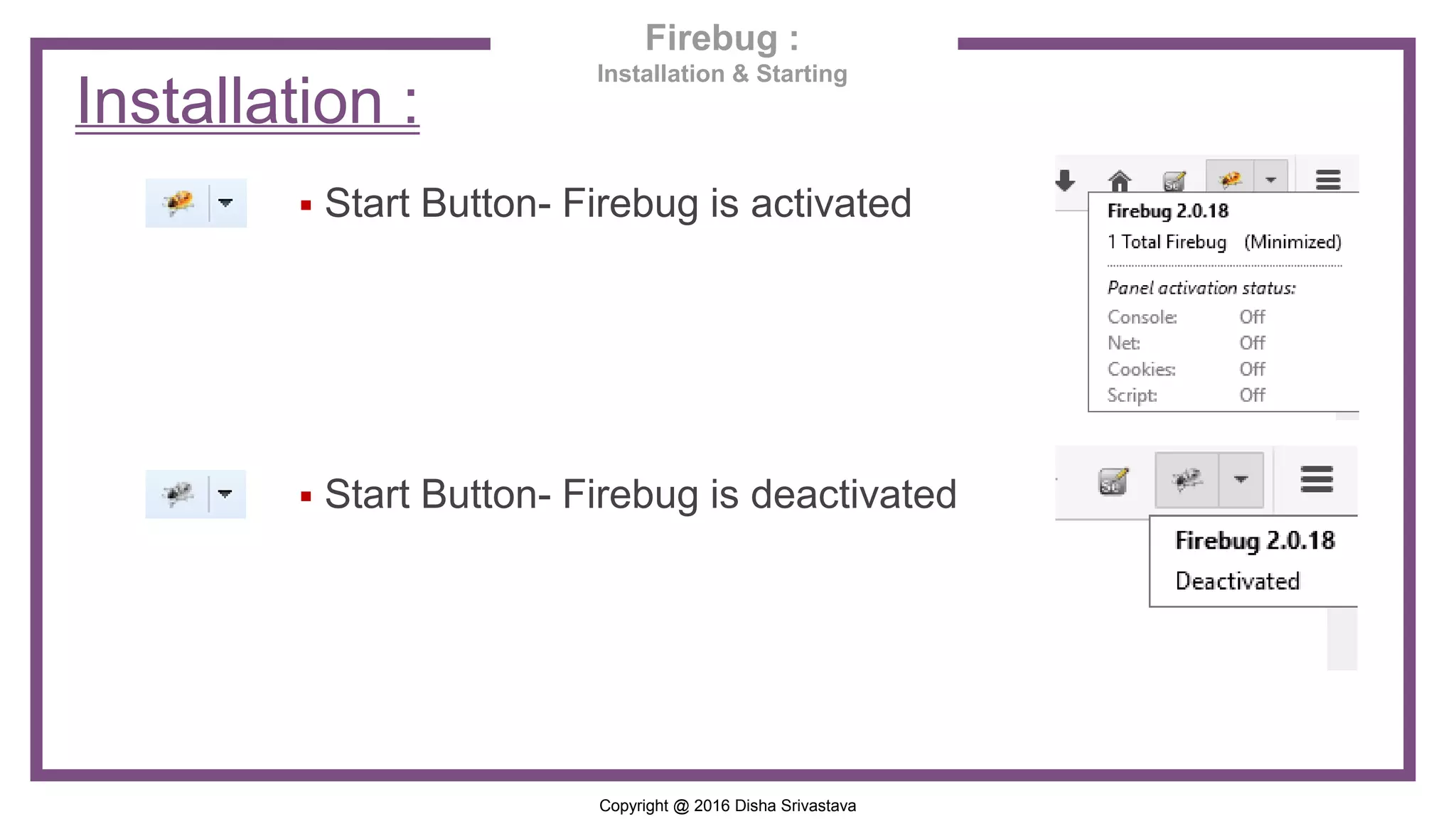 Copyright @ 2016 Disha Srivastava Installation :  Start Button- Firebug is activated  Start Button- Firebug is deactivated Firebug : Installation & Starting 